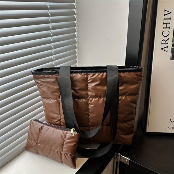 Handbags - Stylish Brown Quilted Tote with Pouch